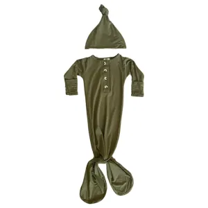 Knotted Button Gown & Hat Set - Army Green
