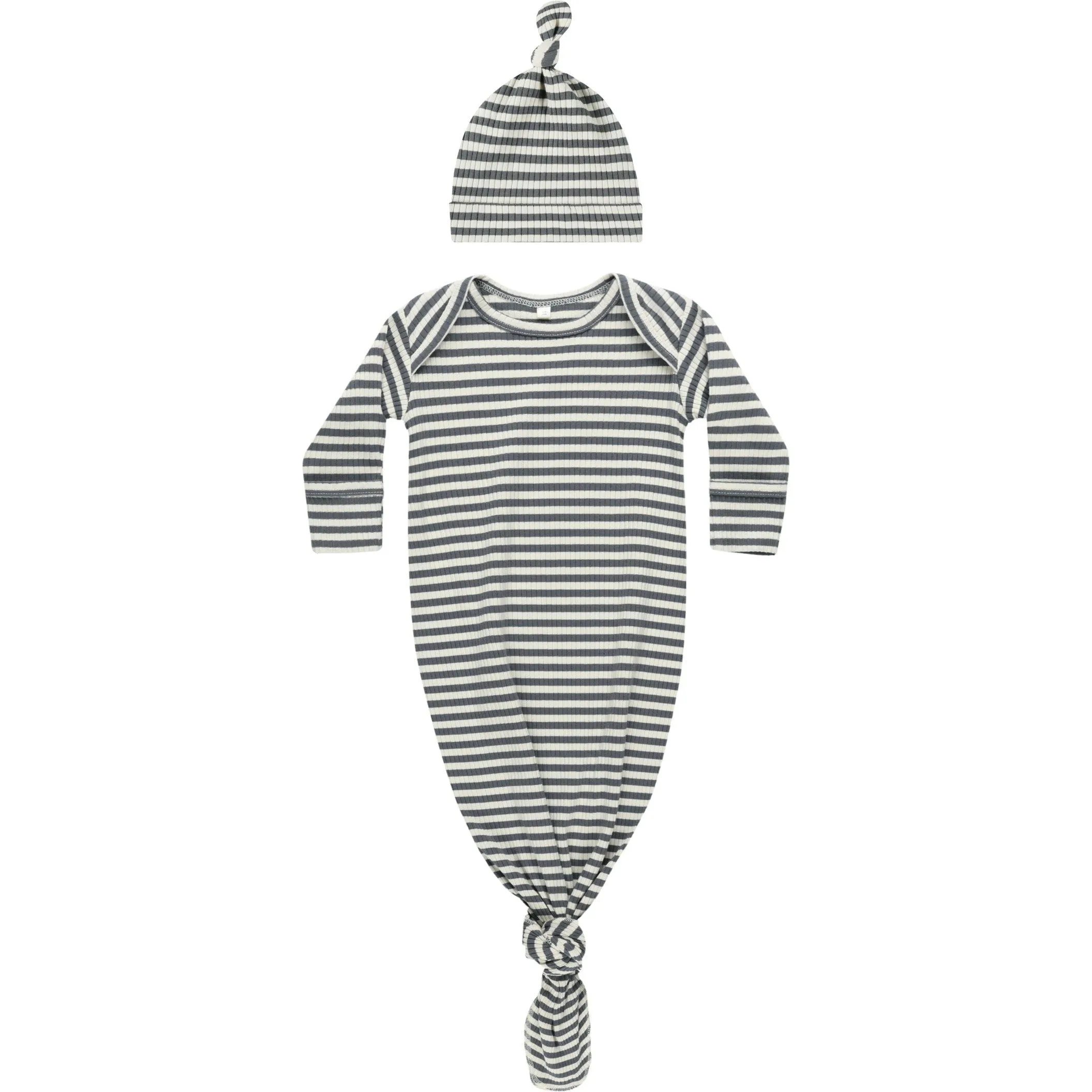 Quincy Mae Knotted Baby Gown   Hat Set | Indigo Stripe